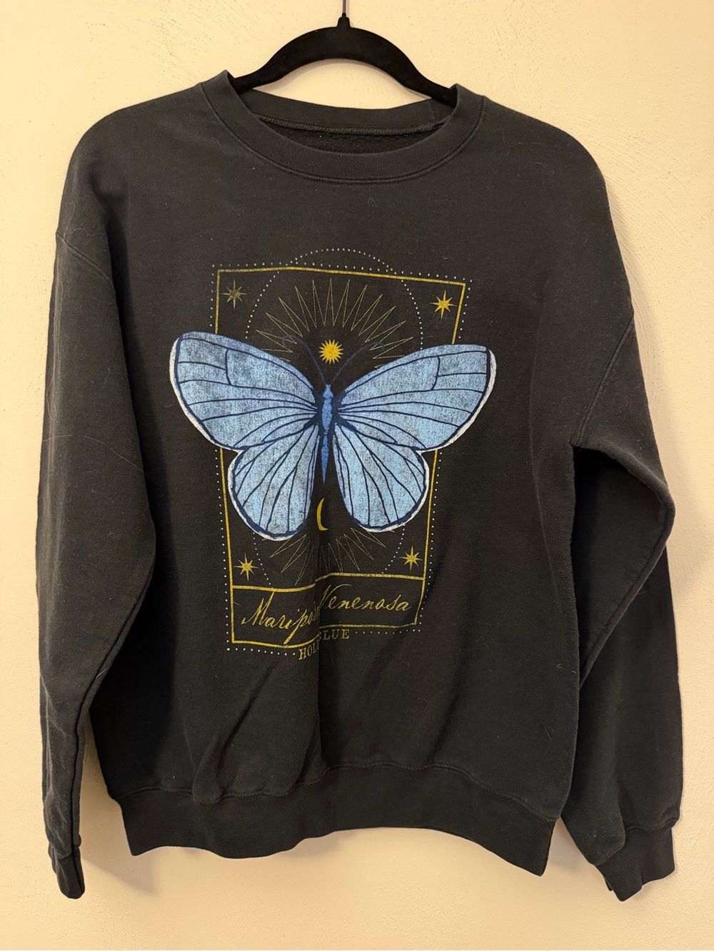 115 - Black Crewneck Sweatshirt with Blue Butterfly Graphic